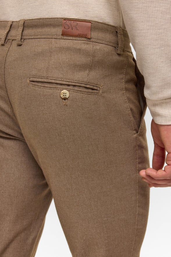 Bej Slim Armürlü Kanvas Pantolon