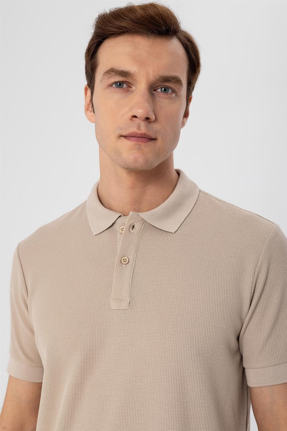 Bej Slim Armürlü Polo Yaka  Tişört