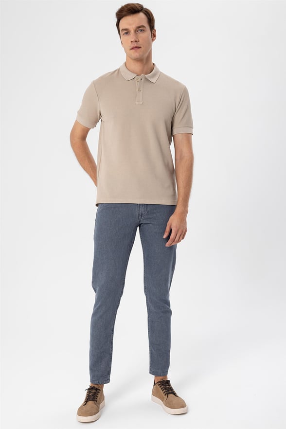 Bej Slim Armürlü Polo Yaka  Tişört