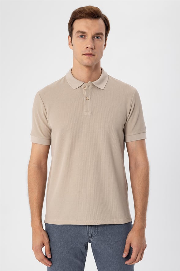 Bej Slim Armürlü Polo Yaka  Tişört