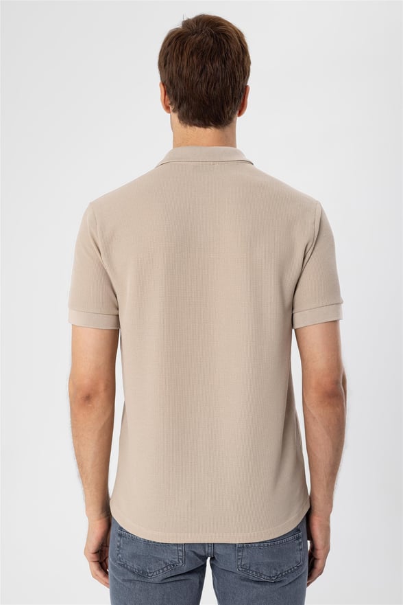 Bej Slim Armürlü Polo Yaka  Tişört