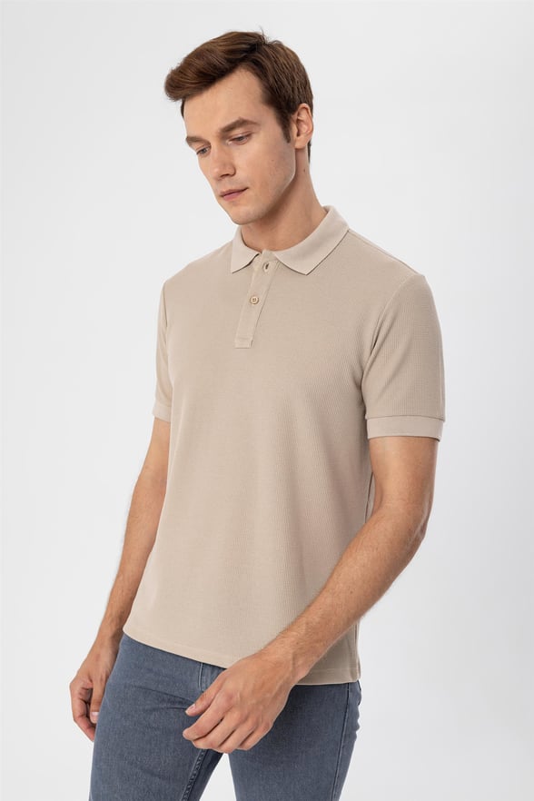 Bej Slim Armürlü Polo Yaka  Tişört