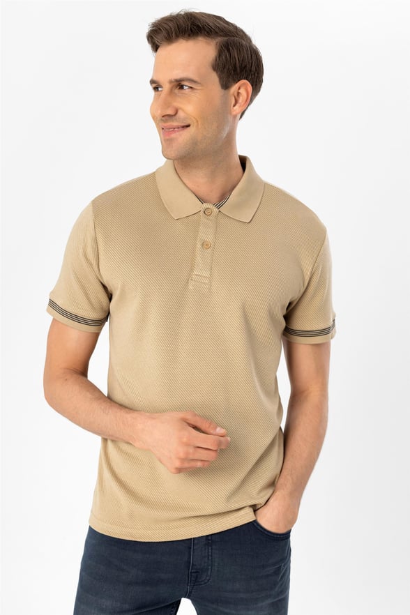 Bej Slim Armürlü Polo Yaka  Tişört