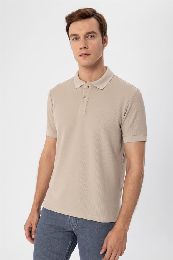 Bej Slim Armürlü Polo Yaka  Tişört