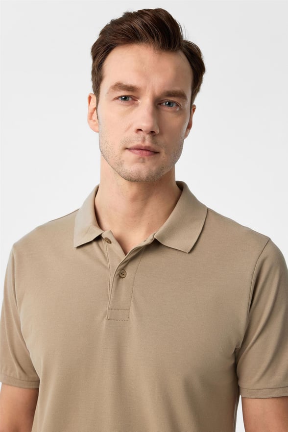 Bej Slim Armürlü Polo Yaka Tişört