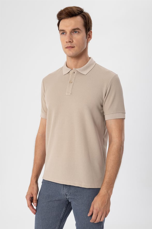 Bej Slim Armürlü Polo Yaka  Tişört