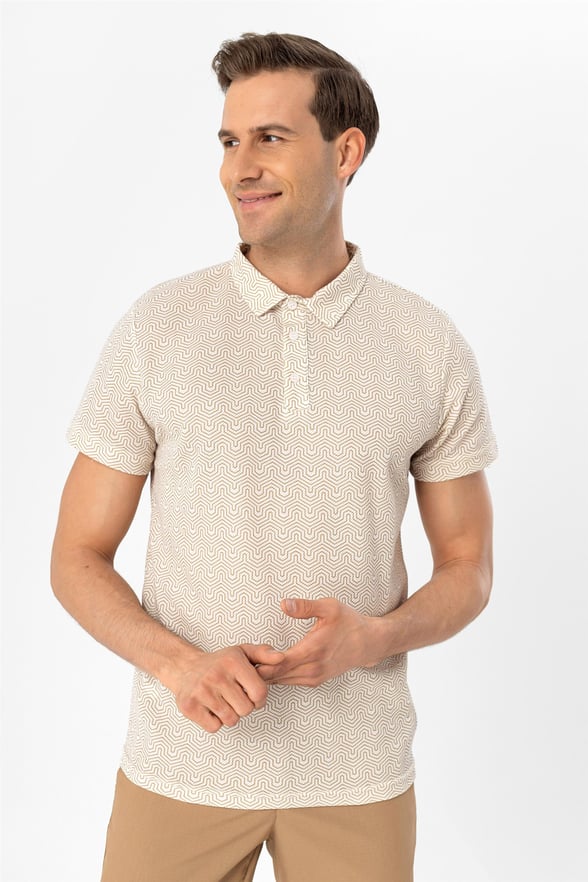 Bej Slim Baskılı Polo Yaka  Tişört