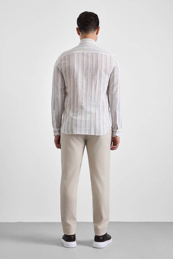 Bej Slim Çizgili Düğmeli Yaka Casual Gömlek