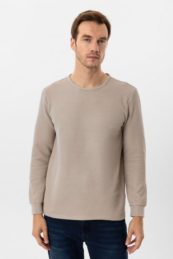 Bej Slim Fit Armürlü Bisiklet Yaka Triko Kazak