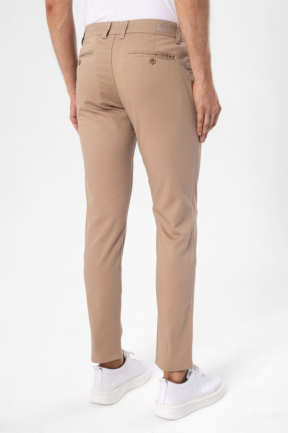 Bej Slim Fit Armürlü Chino Pantolon