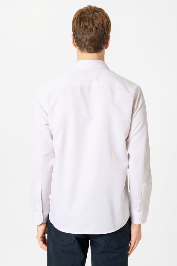 Bej Slim Fit Armürlü Klasik Yaka Gömlek