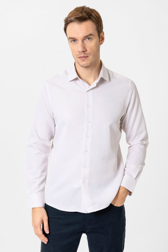 Bej Slim Fit Armürlü Klasik Yaka Gömlek
