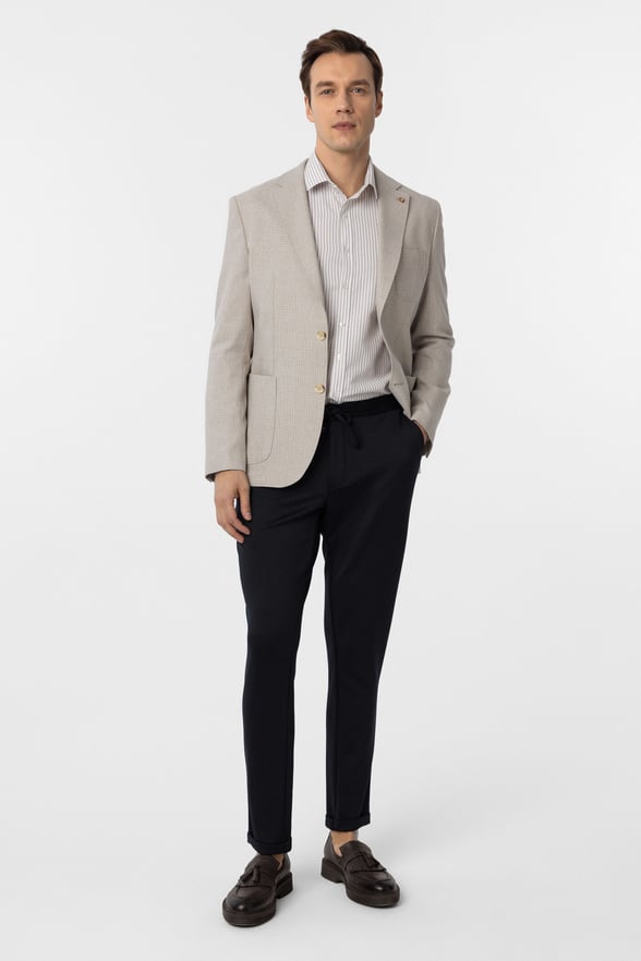 Bej Slim Fit Armürlü Mono Yaka 6 Drop Ceket