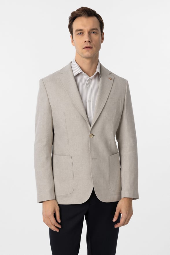 Bej Slim Fit Armürlü Mono Yaka 6 Drop Ceket