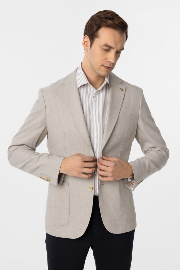 Bej Slim Fit Armürlü Mono Yaka 6 Drop Ceket