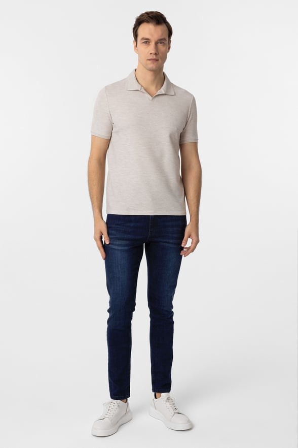 Bej Slim Fit Armürlü Polo Yaka Tişört