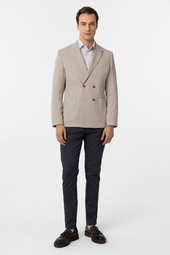 Bej Slim Fit Baskılı Kruvaze Yaka 6 Drop Ceket