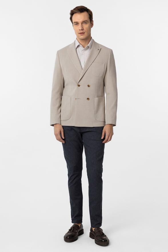 Bej Slim Fit Baskılı Kruvaze Yaka 6 Drop Ceket