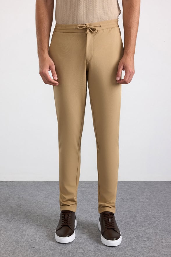 Bej Slim Fit Düz Jogger Pantolon
