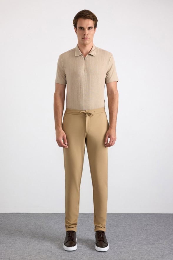Bej Slim Fit Düz Jogger Pantolon