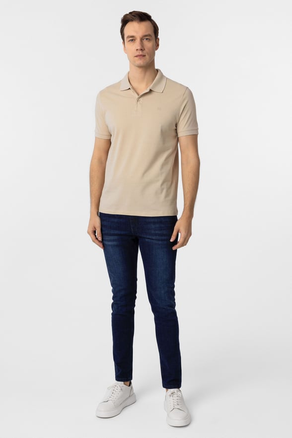 Bej Slim Fit Düz Polo Yaka Tişört