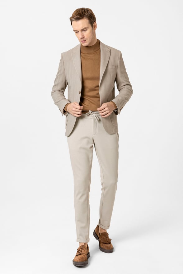 Bej Slim Fit Düz Sivri Yaka 6 Drop Ceket