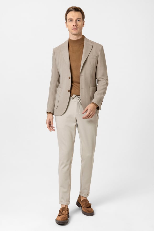 Bej Slim Fit Düz Sivri Yaka 6 Drop Ceket