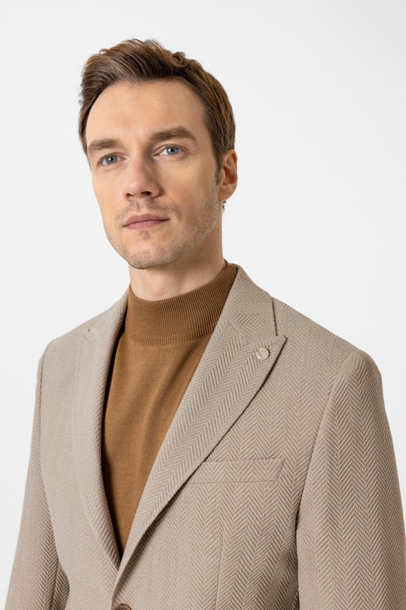 Bej Slim Fit Düz Sivri Yaka 6 Drop Ceket