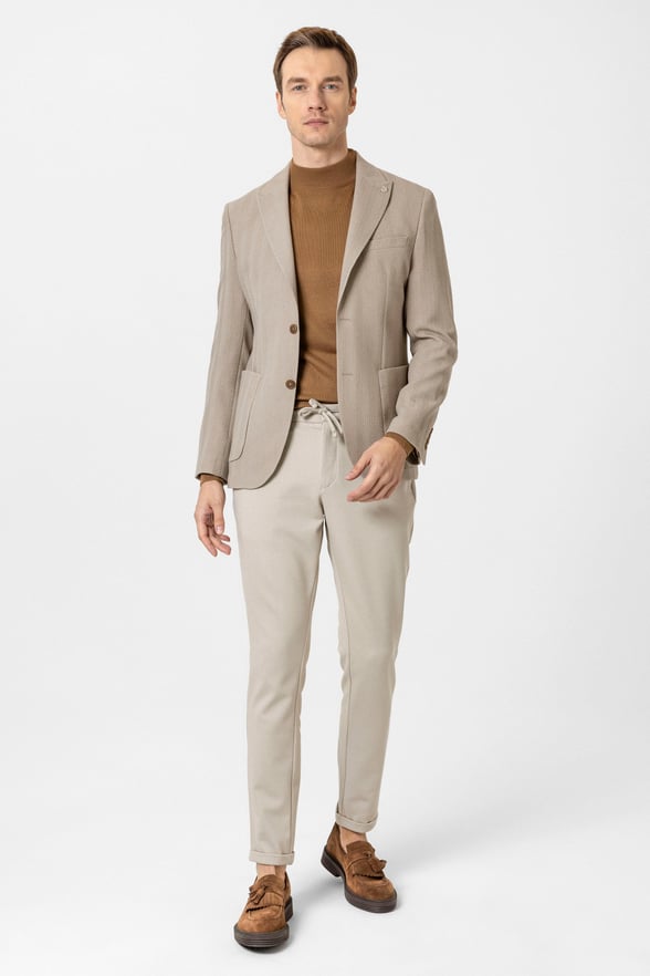 Bej Slim Fit Düz Sivri Yaka 6 Drop Ceket
