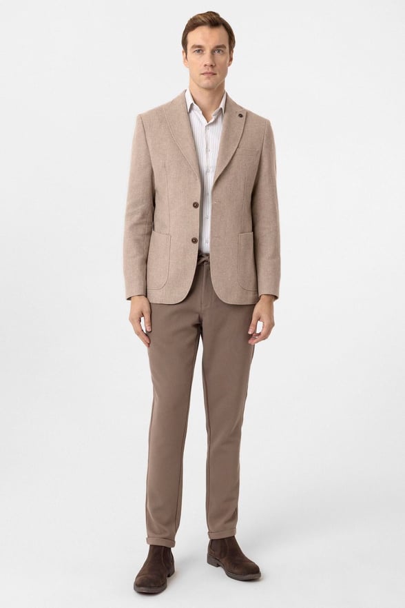 Bej Slim Fit Sivri Yaka 6 Drop Ceket
