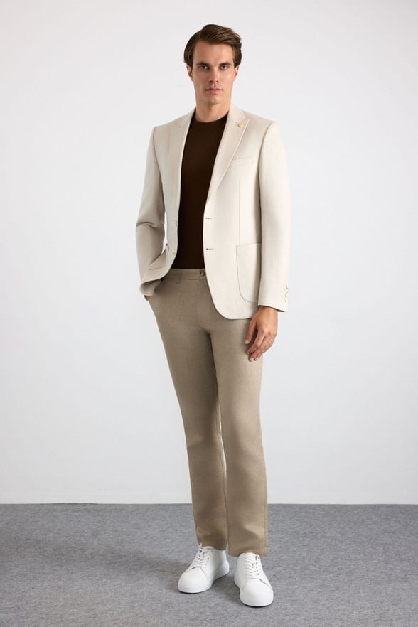 Bej Slim Mono Yaka Düz Poplin Torba Cep Standart 6 Drop Klasik Ceket