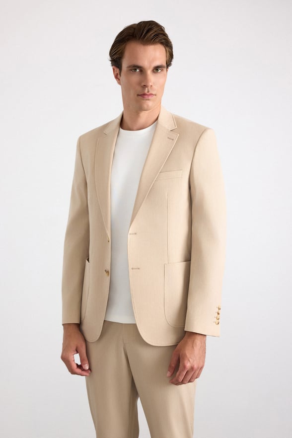 Bej Slim Mono Yaka Düz Torba Cep 6 Drop Takım Elbise