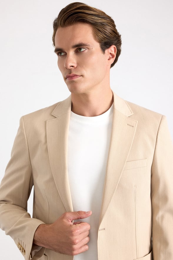 Bej Slim Mono Yaka Düz Torba Cep 6 Drop Takım Elbise