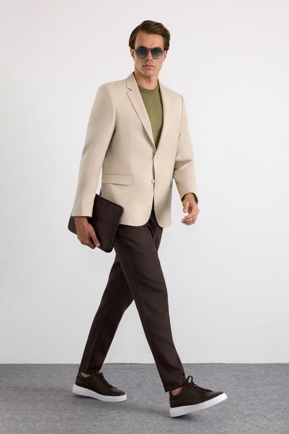 Bej Slim Mono Yaka Torba Cep 6 Drop Klasik Ceket