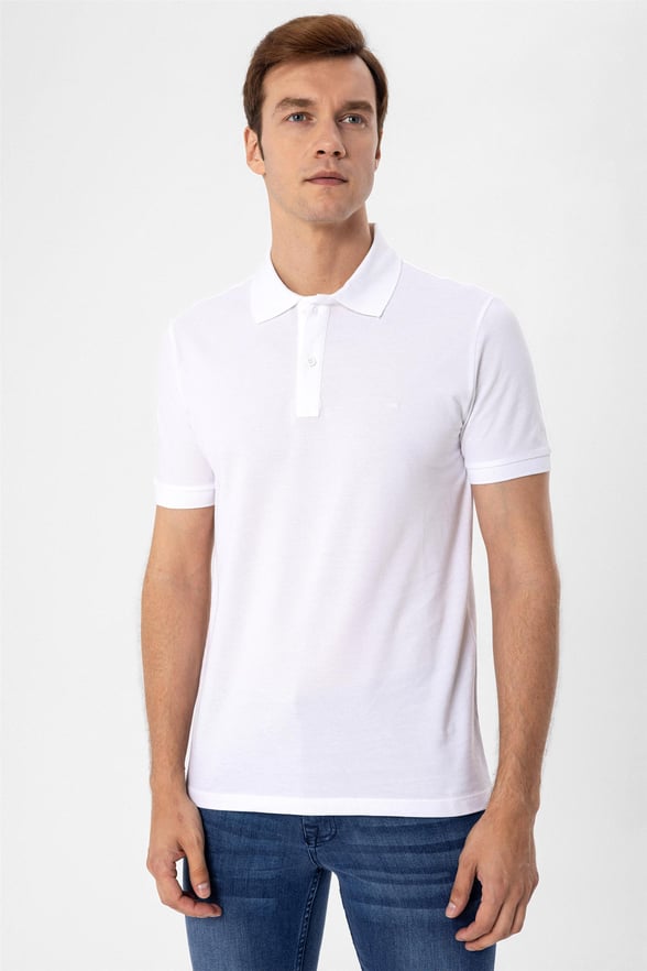 Beyaz Regular Armürlü Polo Yaka  Tişört