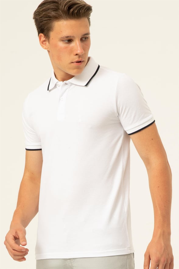 Beyaz Regular Armürlü Polo Yaka  Tişört