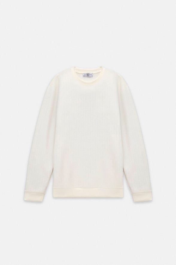 Beyaz Regular Dikey Çizgili Baskısız Jakarlı Bisiklet Yaka Cepsiz Düz Sweatshirt