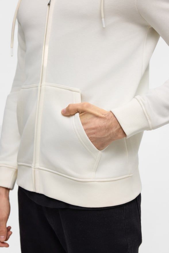 Beyaz Regular Düz Bisiklet Yaka Fermuarlı Sweatshirt