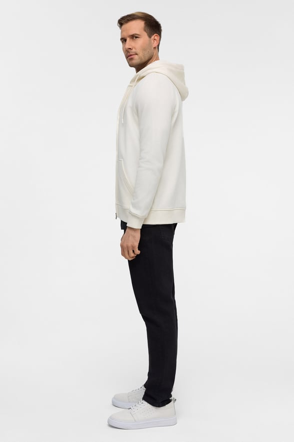 Beyaz Regular Düz Bisiklet Yaka Fermuarlı Sweatshirt