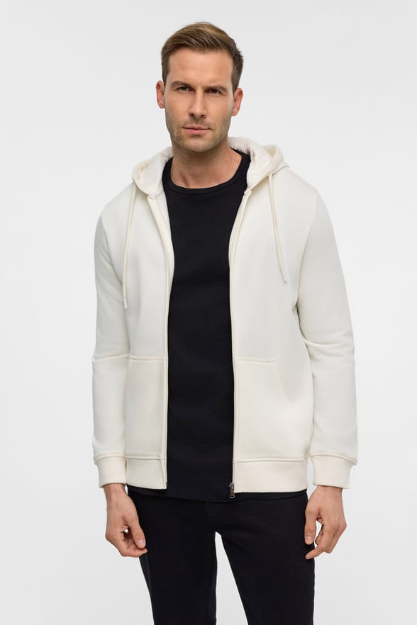 Beyaz Regular Düz Bisiklet Yaka Fermuarlı Sweatshirt