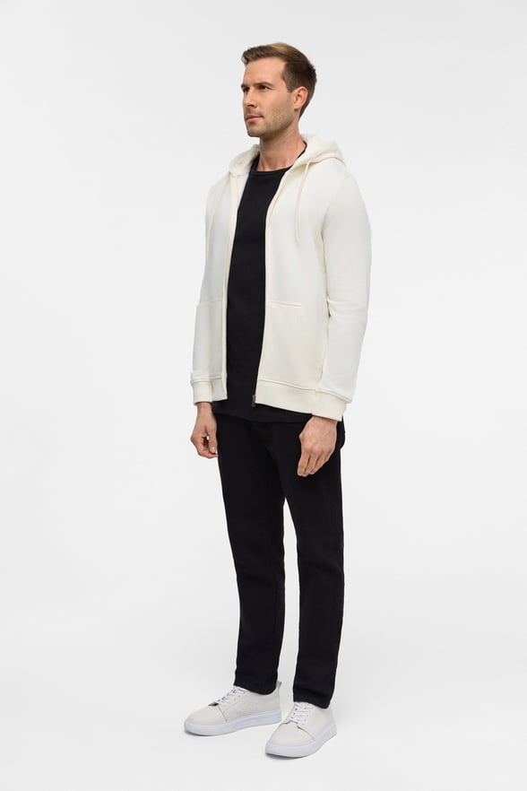 Beyaz Regular Düz Bisiklet Yaka Fermuarlı Sweatshirt