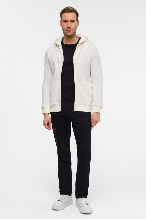 Beyaz Regular Düz Bisiklet Yaka Fermuarlı Sweatshirt
