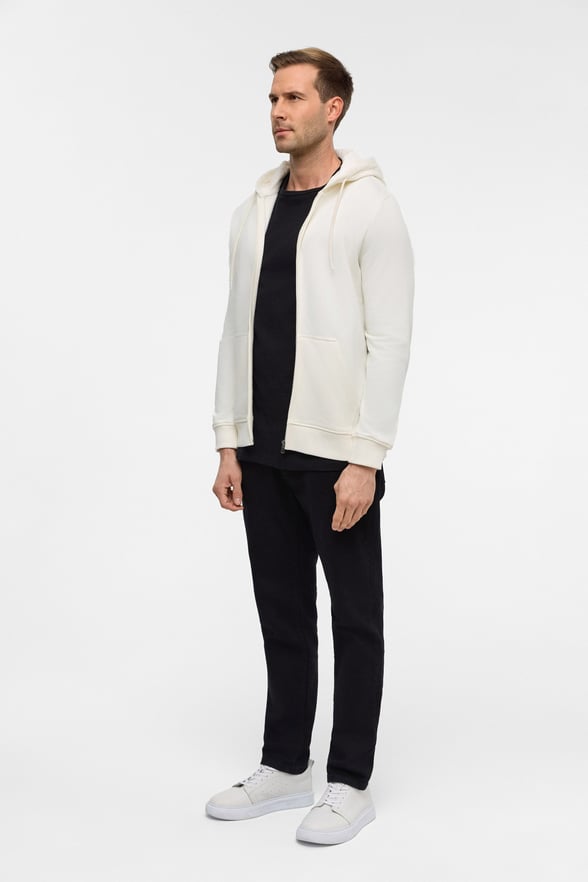Beyaz Regular Düz Bisiklet Yaka Fermuarlı Sweatshirt