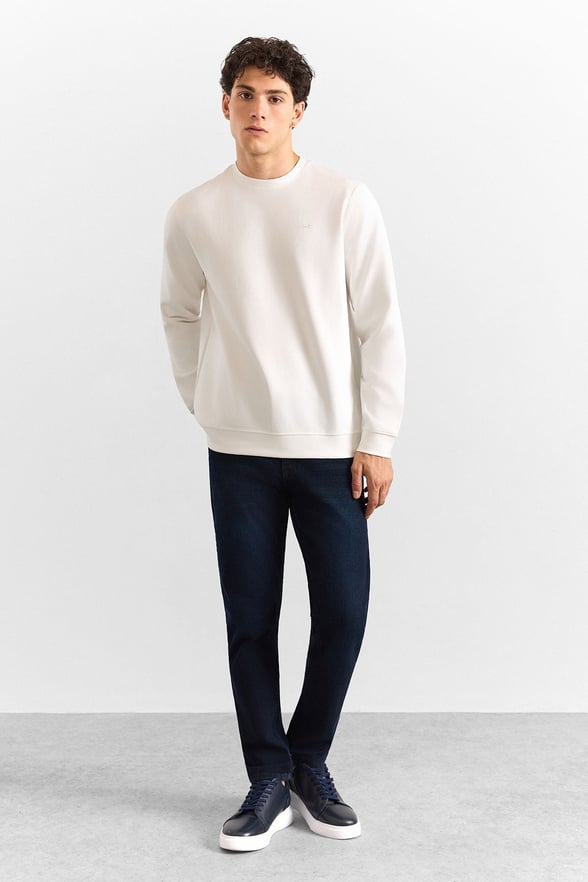 Beyaz Regular Düz Bisiklet Yaka Sweatshirt