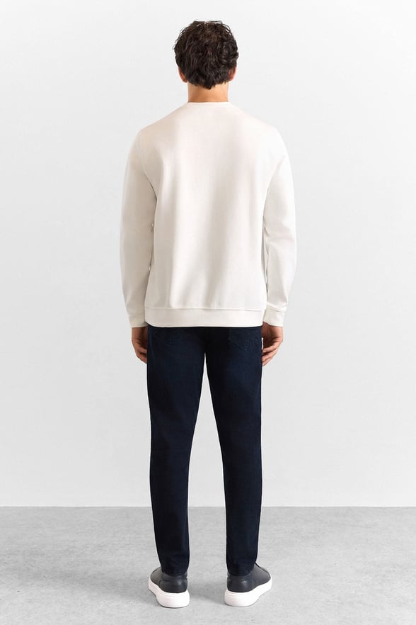 Beyaz Regular Düz Bisiklet Yaka Sweatshirt