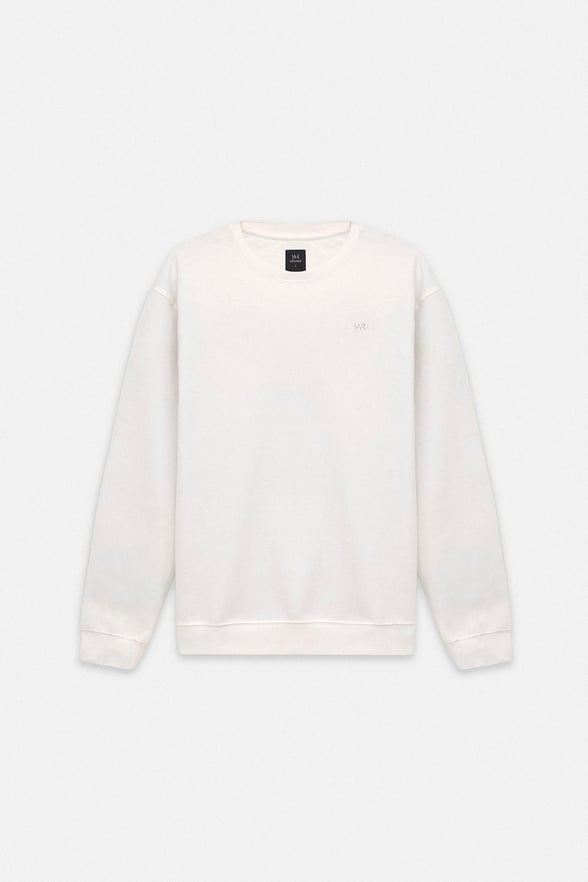 Beyaz Regular Düz Bisiklet Yaka Sweatshirt