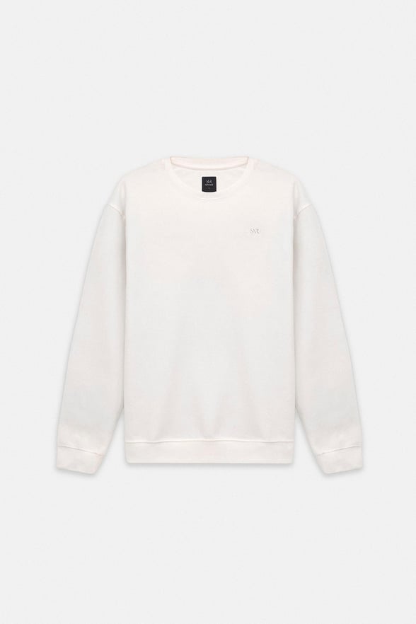 Beyaz Regular Düz Bisiklet Yaka Sweatshirt