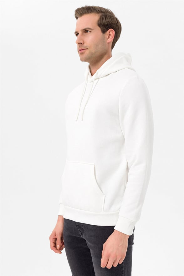 Beyaz Regular Düz Kapişonlu Yaka  Sweatshirt