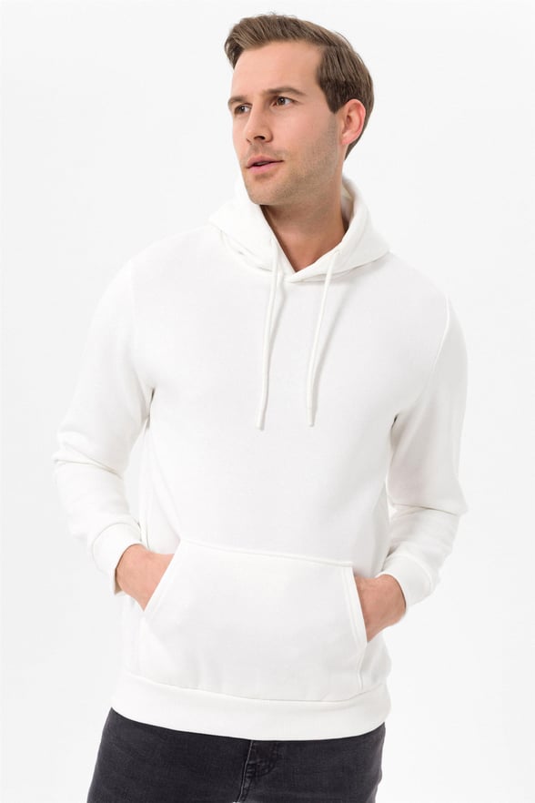 Beyaz Regular Düz Kapişonlu Yaka  Sweatshirt