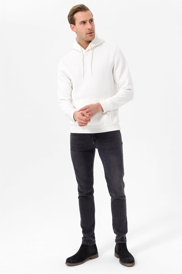 Beyaz Regular Düz Kapişonlu Yaka  Sweatshirt